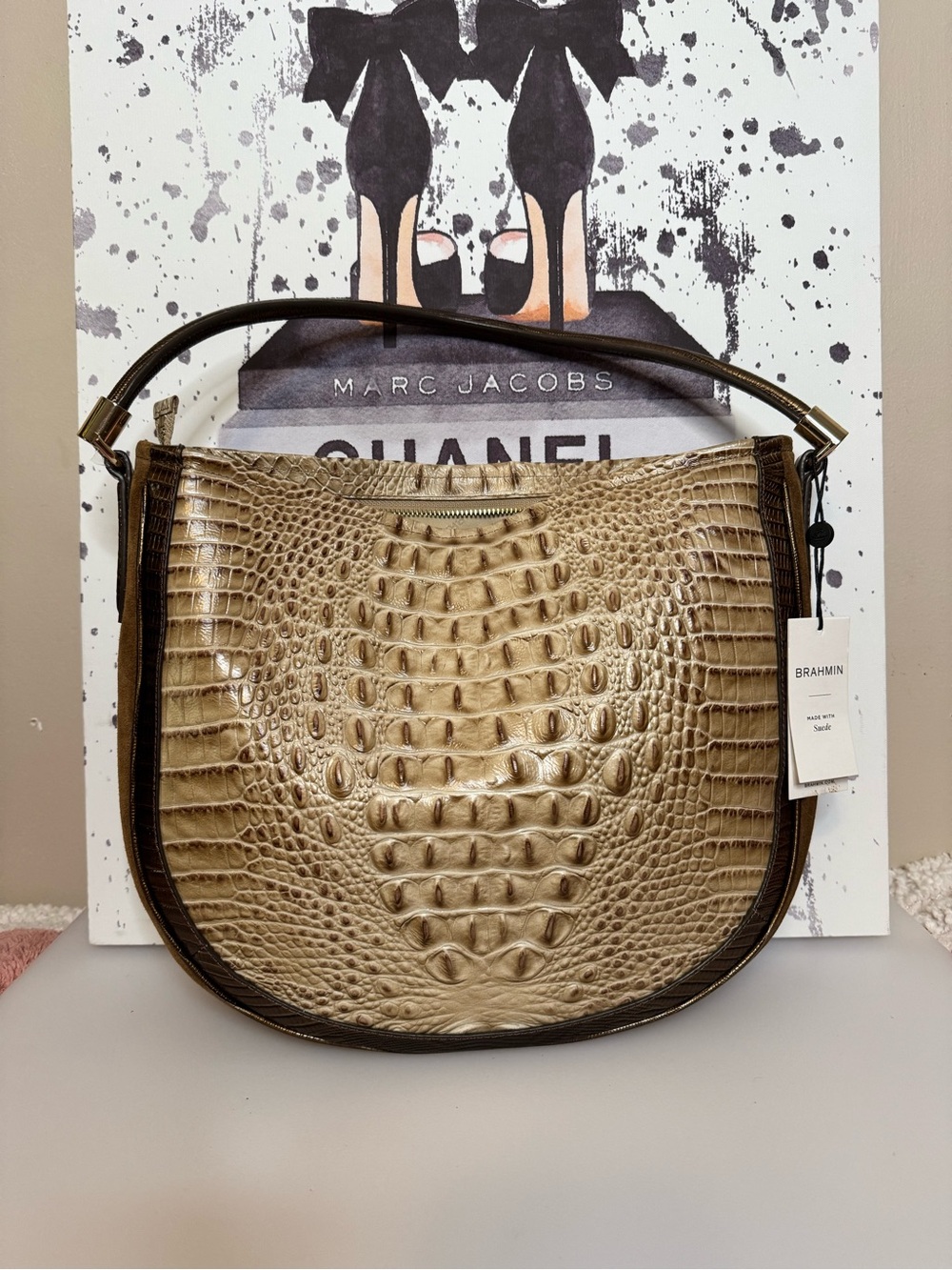 NWT Brahmin Small Kathleen Taupe Ensemble Croc-Embossed Suede Hobo